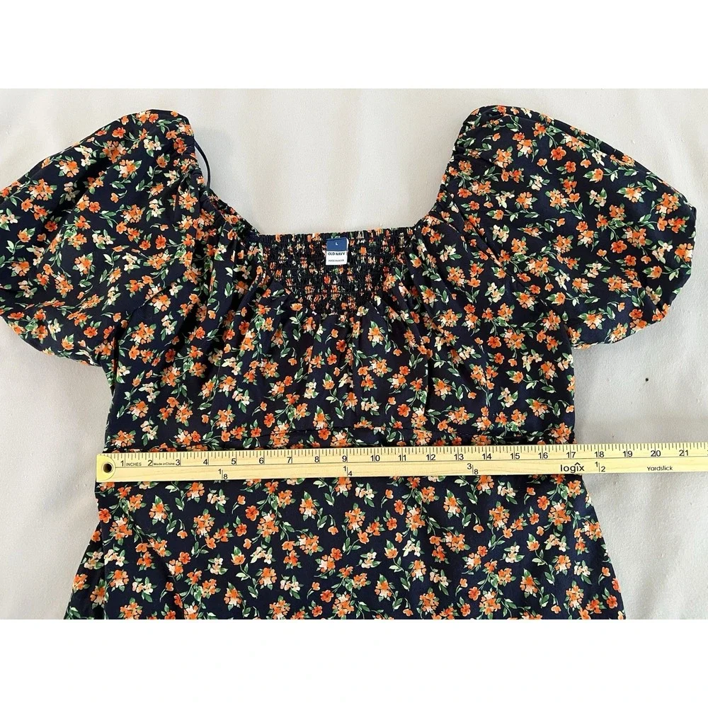 Old Navy Floral Puff Sleeve Blouse Womens Sz Large Heart‎ Neck Multicolor